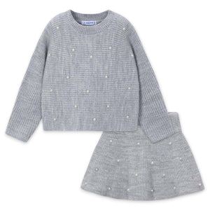 Mayoral Girls Knit Sweater & Skirt Set w/ Pearls 7-12 ~ Mixed Grey