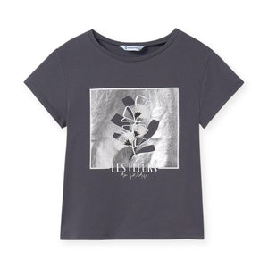 Mayoral Girls Les Fleurs Embroidered T-Shirt & Pleated Shorts Set 7-12 ~Coal/Silver