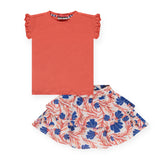 Babyface Girls Flutter Sleeve Top & Printed Woven Skirt Set ~ Grapefruit/Off-White
