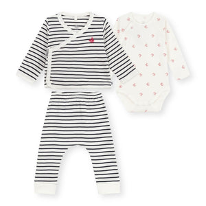 Petit Bateau Striped Cardigan, Pants & Boat Print Onesie Set ~ White/Navy