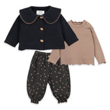 Play Up Baby Knit Cardigan w/ Collar, l/s Lettuce Edge Top & Printed Ballon Pants Set ~ Black/Tan