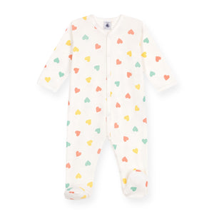Petit Bateau Front Snap Multi Heart Print Footie ~ White Multi