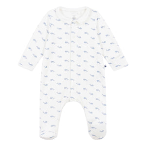 Petit Bateau Velour Front Snap Whale Print Footie w/ Collar ~ White/Blue