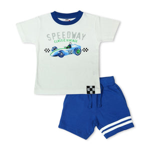 Mish Baby Speedway Tee & Sweat Shorts w/ Stripe Set ~ White/Cobalt