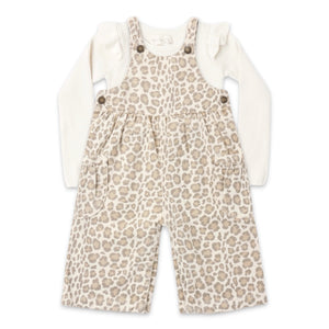 Rylee + Cru Baby Shoulder Ruffle Onesie & Wide Leg Overalls Set ~ Leopard/Natural