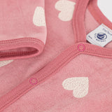 Petit Bateau Front Snap Velour Heart Print Footie ~ Raspberry/White