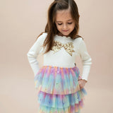 Petite Hailey l/s Bow Layered Tutu Dress ~ Ivory/Multi