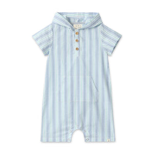 Me & Henry Baby Newlyn Hooded Woven Short Romper ~ Chambray/Blue Stripe
