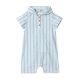 Me & Henry Baby Newlyn Hooded Woven Short Romper ~ Chambray/Blue Stripe