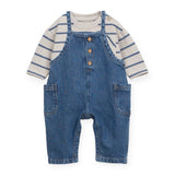 Play Up Baby Striped Tee & Denim Overalls Set ~ Heather/Blue