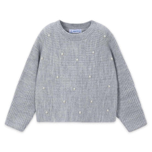 Mayoral Girls Knit Sweater & Skirt Set w/ Pearls 7-12 ~ Mixed Grey