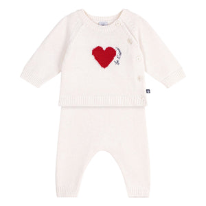 Petit Bateau Knit Heart Sweater & Pants Set ~ White