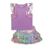 MIA New York s/s Flutter Top & Sequin Skirt Set ~ Purple/Rainbow