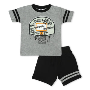 Mish Boys Basketball Graffiti Ringer Tee & Sweat Shorts w/ Stripes Set ~ Heather Grey/Black