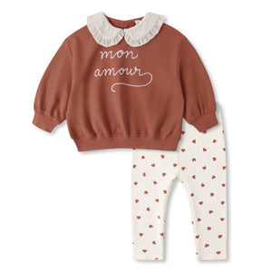 Quincy Mae Mon Amour Collared Sweatshirt & Hearts Ribbed Leggings Set ~ Red/Natural