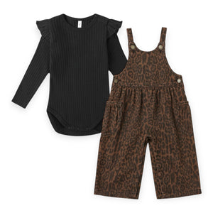 Rylee + Cru Baby Ruffle Onesie & Wide Leg Overalls Set ~ Black/Leopard