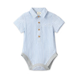 Me & Henry Baby Helford Woven Onesie ~ Pale Blue/White Stripe