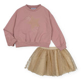 Mayoral Girls Star Sweatshirt & Tulle Skirt Set 7-12 ~ Rose/Gold