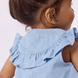 Petit Bateau Baby Sleeveless Chambray Blouse & Shorts w/ Scallop Detail Set ~ Blue