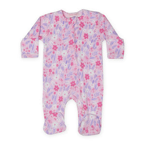 Baby Steps Zip Footie ~ Watercolor Floral/Pink
