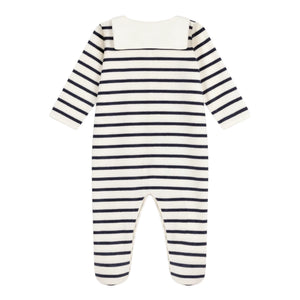 Petit Bateau Velour Front Snap Striped Sailor Collar Footie ~ White/Navy