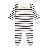 Petit Bateau Velour Front Snap Striped Sailor Collar Footie ~ White/Navy