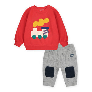 Bobo Choses Baby Choo Choo Sweatshirt & Quilted Joggers Set ~ Red/Light Heather Grey