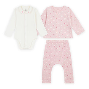 Petit Bateau Floral Print Cardigan, Pants & Collared Onesie Set ~ Pink/White