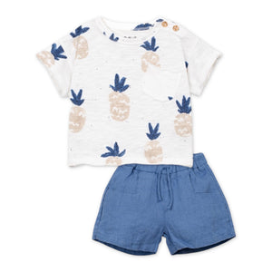 Play Up Baby Pineapple Print T-Shirt & Linen Shorts Set ~ White/Blue