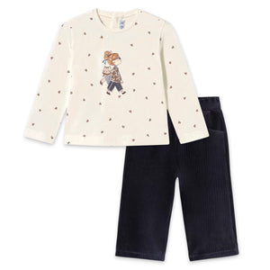 Mayoral Baby Girl Cat Friend l/s T-Shirt & Ribbed Velour Pants Set ~ Natural/Navy