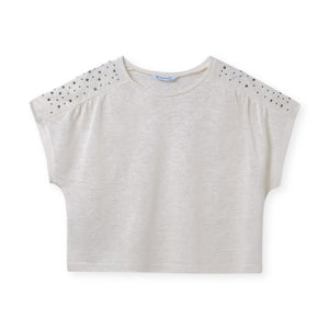 Mayoral Girls Studded T-Shirt & Flowy Shorts Set 7-12 ~ Bone/Moss