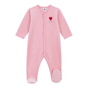 Petit Bateau Front Snap Velour Footie w/ Heart Detail ~ Pink