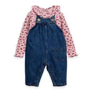 Play Up Baby Ribbed Ruffle Collar l/s Onesie & Denim Overalls Set ~ Rose Leopard