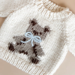 The Blueberry Hill Knit Teddy Bear Sweater ~ Cream/Blue Bow