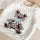 The Blueberry Hill Knit Teddy Bear Sweater ~ Cream/Blue Bow