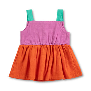 Bobo Choses Baby Pixel Daisy Color Block Woven Dress ~ Orange/Fuchsia