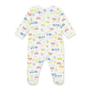Petit Bateau Front Snap Cars Print Footie ~ White Multi