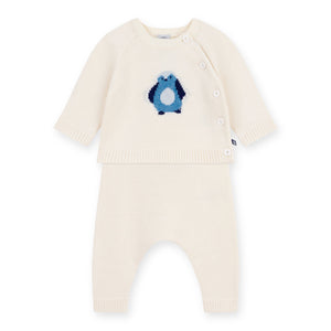Petit Bateau Knit Penguin Sweater & Pants Set ~ White