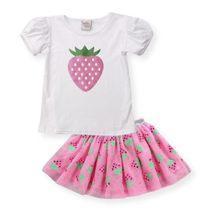 Sparkle Sisters Baby Pink Strawberry Tee & Sequin Tutu Skirt Set ~ White/Pink