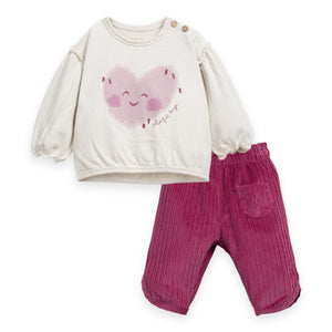 Play Up Baby Heart l/s T-Shirt & Corduroy Pants Set ~ Natural/Beetroot