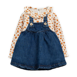 Play Up Baby Ribbed Ruffle Collar l/s Onesie & Denim Dress Set ~ Marigold Leopard
