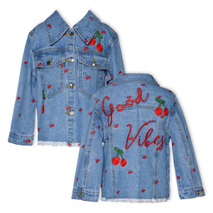 Baby Sara Good Vibes & Cherry Embroidered Denim Jacket ~ Blue