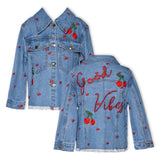 Baby Sara Good Vibes & Cherry Embroidered Denim Jacket ~ Blue