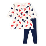 Petit Bateau Baby l/s Bird Print Dress w/ Leggings ~ Cream Multi/Navy