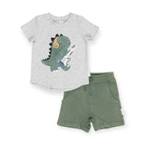 Huxbaby Furry Dino T-Shirt & Vintage Slouch Shorts Set  ~ Grey Marle/Washed Green