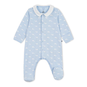 Petit Bateau Front Snap Whale Print Footie w/ Collar ~ Blue/White
