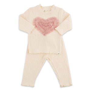 Oh Baby! Ruffle Heart Ribbed Mock Neck 2pc Set ~ Natural