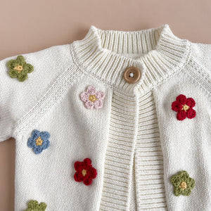 The Blueberry Hill Cotton Knit Flowers Cardigan ~ Cream/Multi