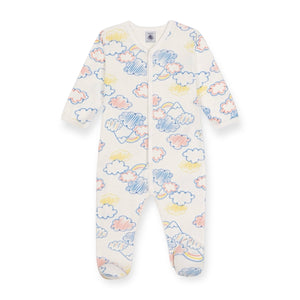 Petit Bateau Front Snap Cloud Print Footie ~ White Multi