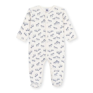 Petit Bateau Velour Front Snap Zebra Print Footie ~ White/Blue